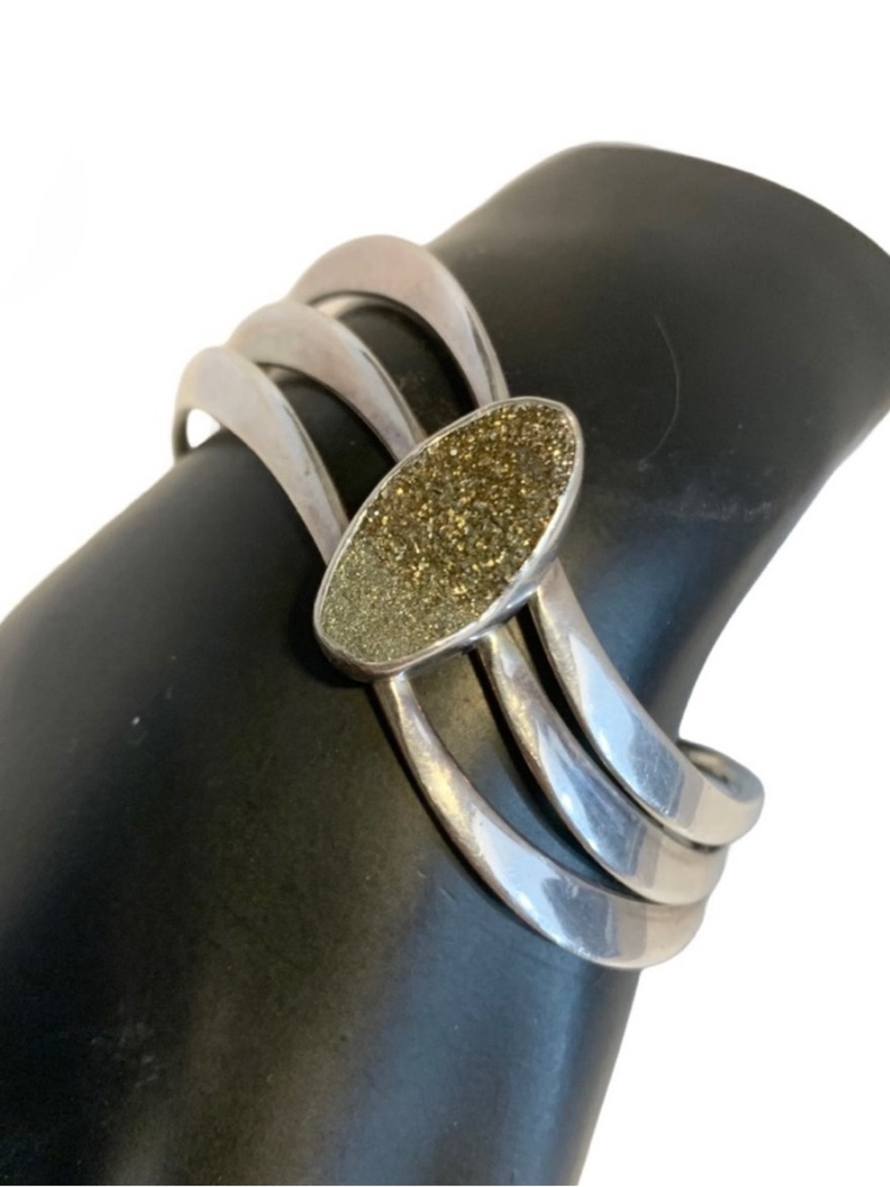 925 STERLING SILVER BANGLE CUFF BRACELET WITH GOLD DRUZY QUARTZ